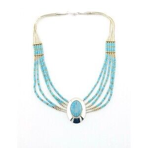 Turquoise Inlay Liquid Silver Necklace Sterling Silver Multi Strand 15.5